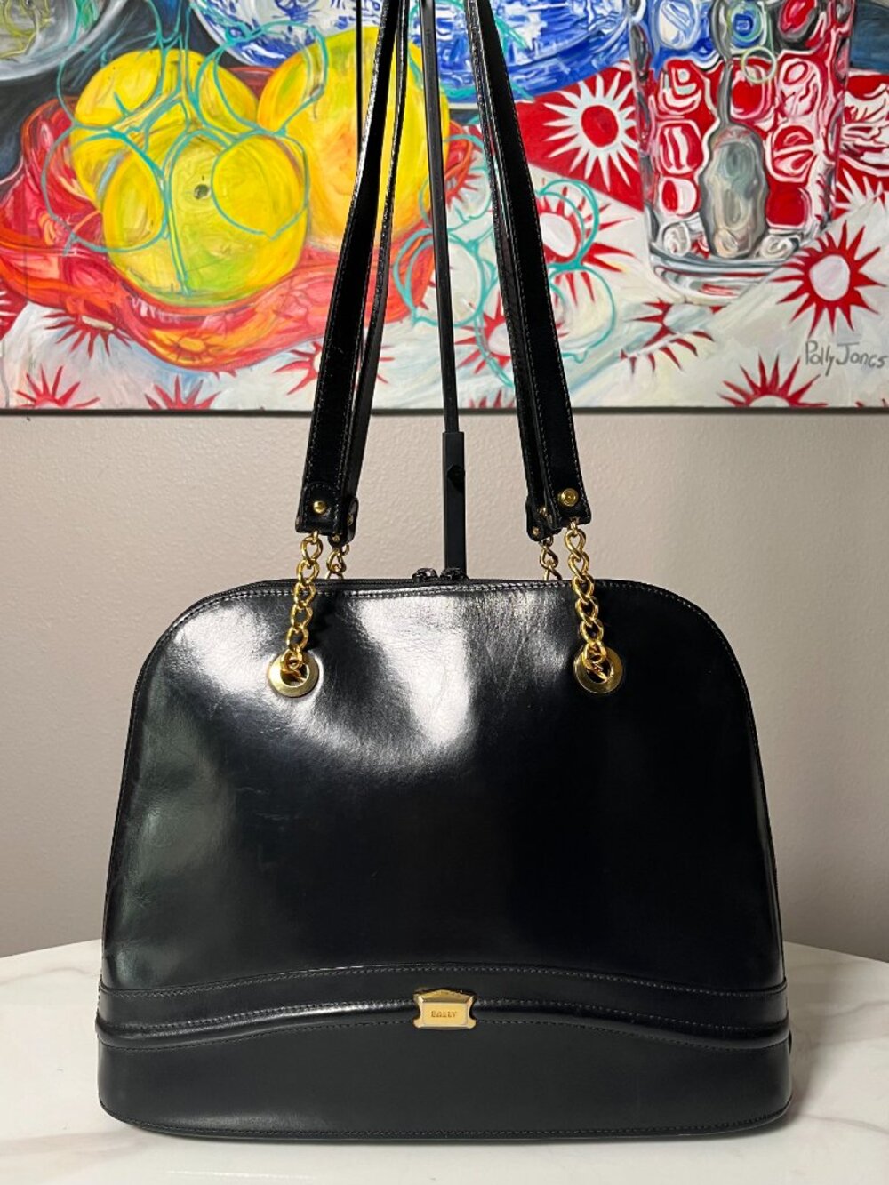 Bally Black Leather Dome Gold Chain Vintage Shoulder Bag